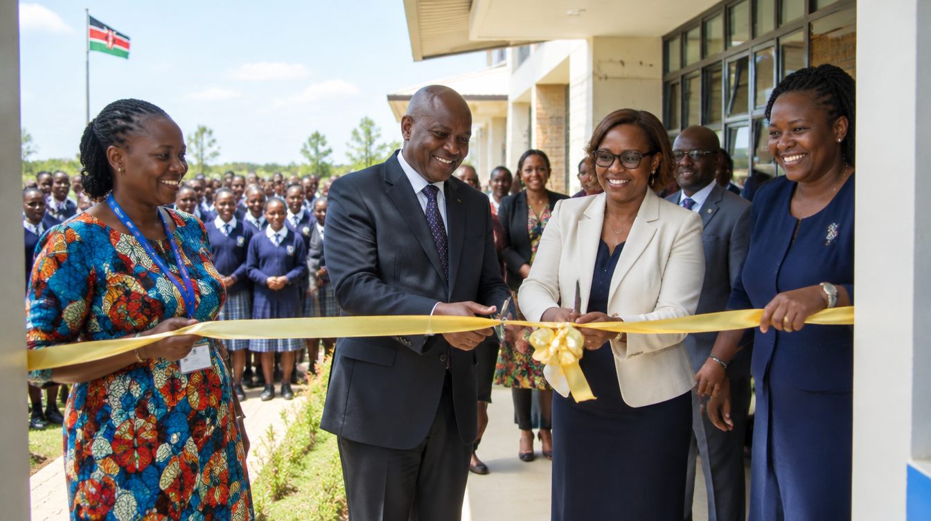 Guests cutting a gold ribbon at a school opening ceremony