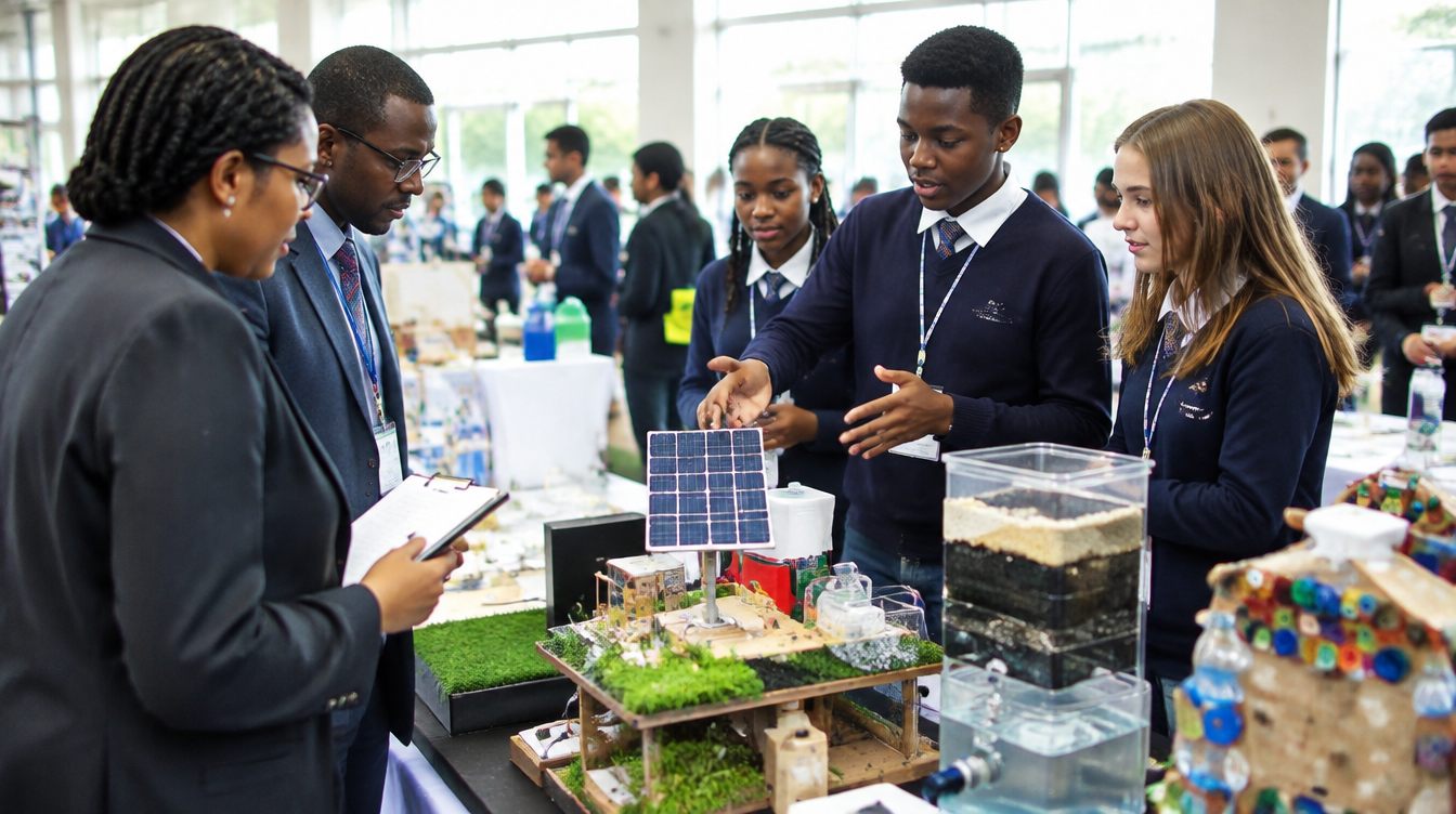 A judge questioning two students about their project at the exhibition stand