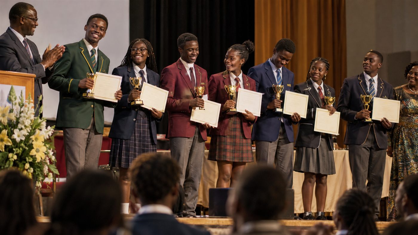 Students in school blazers holding trophies and certificates at an award ceremony