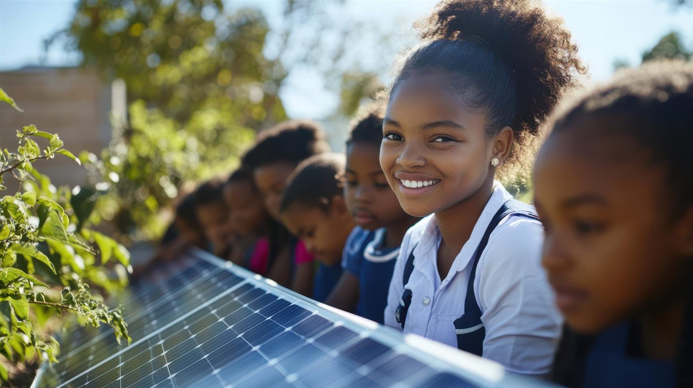 Smiling schoolgirls gathered around a row of solar panels outdoors