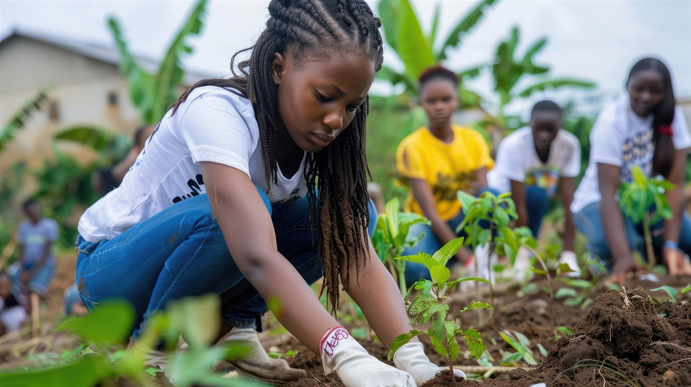 Students planting tree seedlings in a community garden