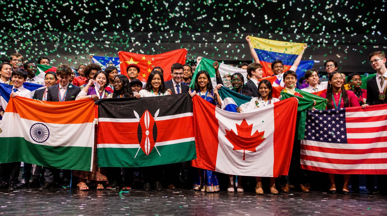International students celebrating on stage with national flags