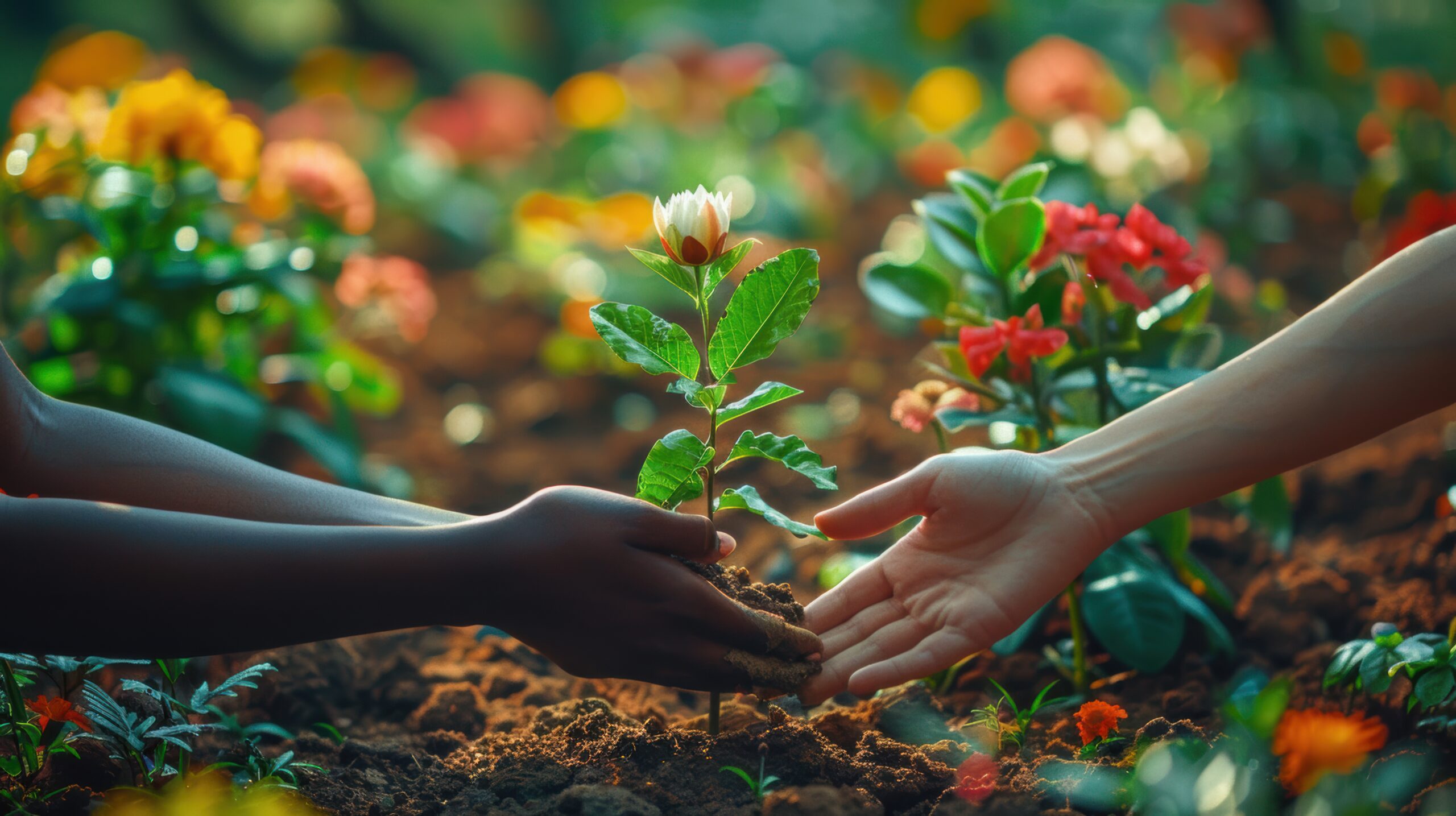 Two hands passing a young flowering plant over garden soil